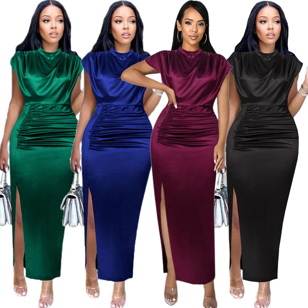 

African Evening Dresses for Plus Size Elegant Women Long Maxi Dress High Slit Turtleneck Draped Bodycon Satin Gown Femme Clothes