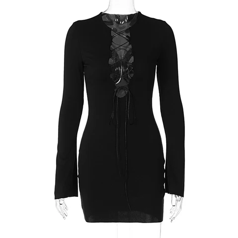 Осеннее сексуальное Бандажное Черное мини-платье для женщин, модные наряды, женское облегающее платье с длинным рукавом, вязаное платье