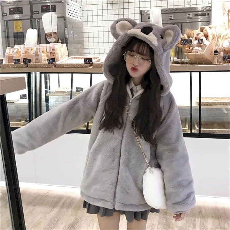Plush Jacket Women 2023 Autumn Winter New Japanese Soft Girl Cute Koala Ear Hooded Jacket Student Thickened Furry Jacket Girl