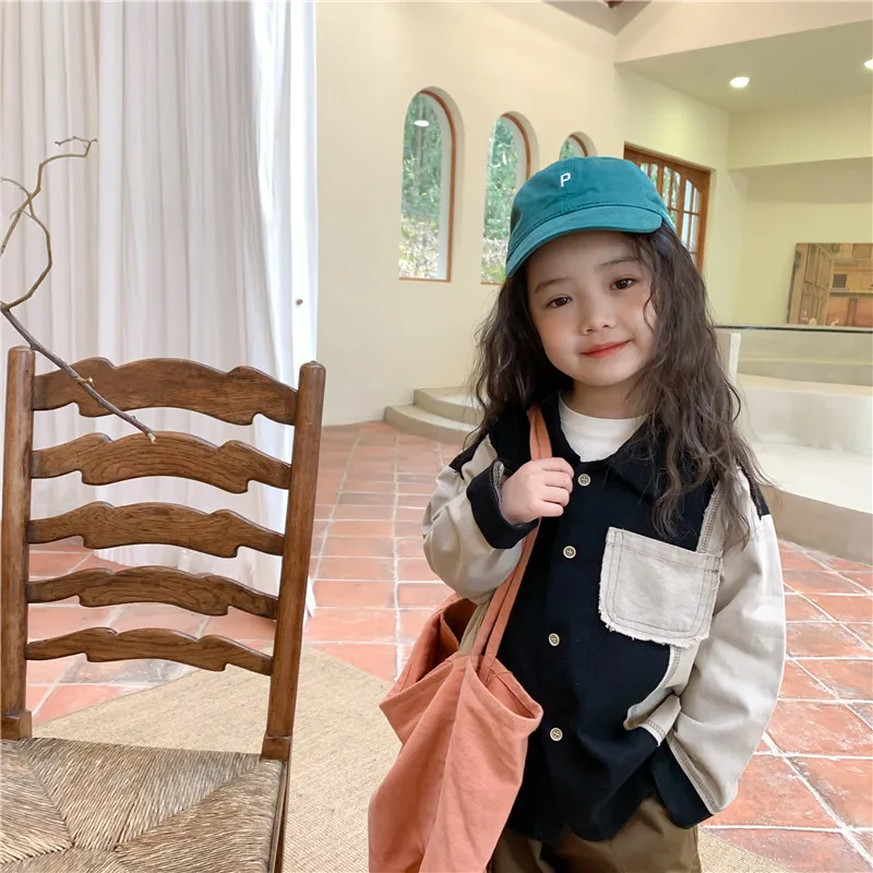 

Girl's Shirt 2022 Spring New Fashion Children's Day Color Matching Shirt Girl's Baby Color Contrast Wool Top