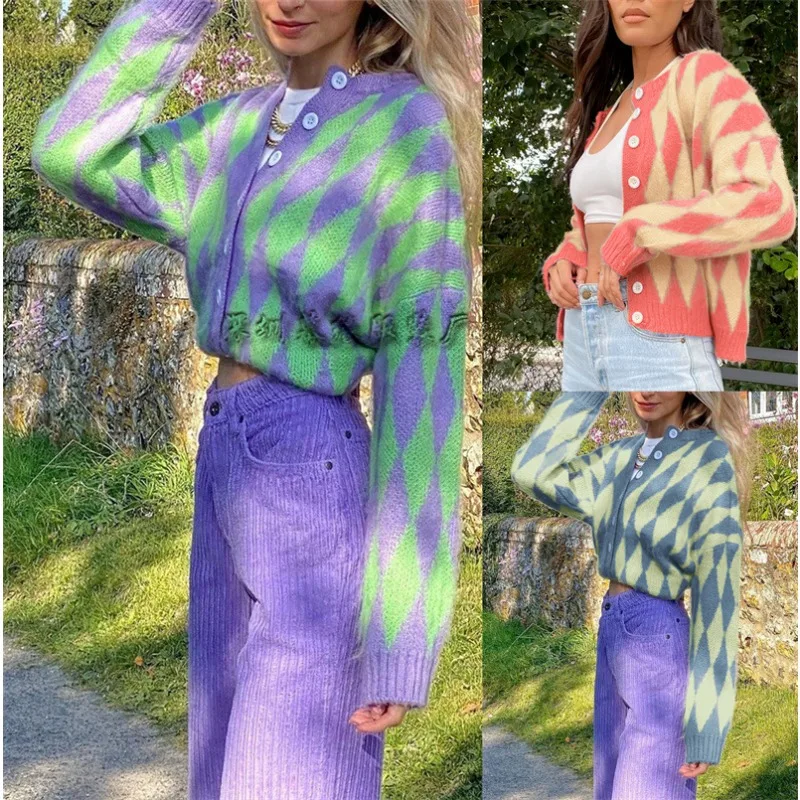 

Autumnandwinterwomen'sclothingEuropean and American sweaters, women's single breasted printed round neck knitted cardigan jacket