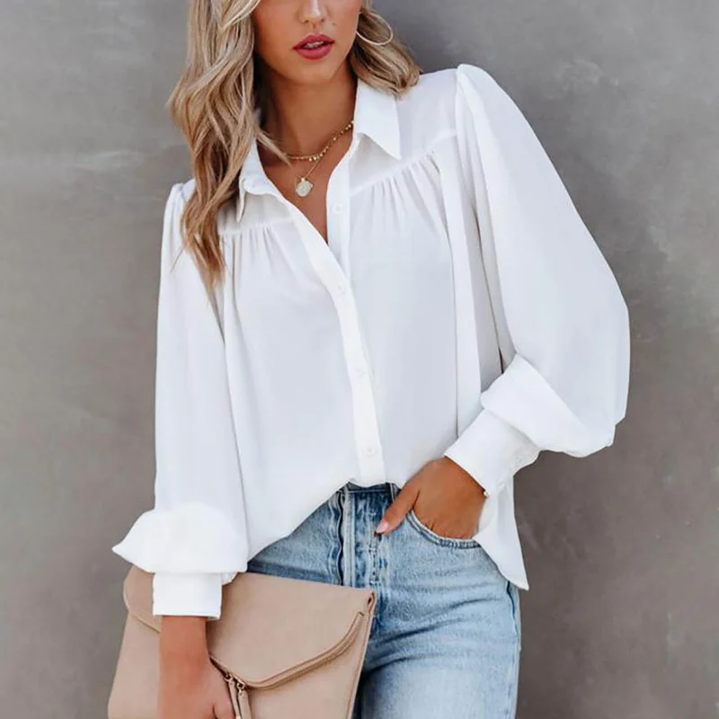 

Casual Long Sleeve Loose Shirts Women Spring Solid Color Oversized Blouses and Tops Elegant Female Office Lapel Button Shirts