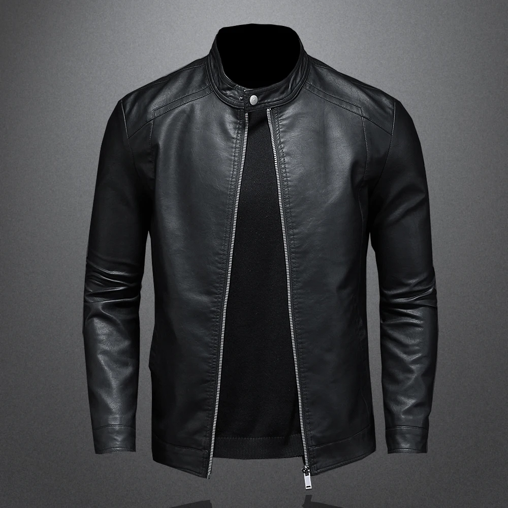 

Slim Spring Stand Leather Leather Mens Jacket Collar Leather Causal Pu Jacket Autumn Coat Fashion Men Coat Biker Motorcycle Moto