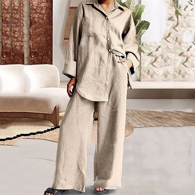 

Комплект из двух предметов, женский брючный костюм, новый однотонный с длинным рукавом, V-образным вырезом, украшением на пуговицах и широкими штанинами, женский модный повседневный костюм