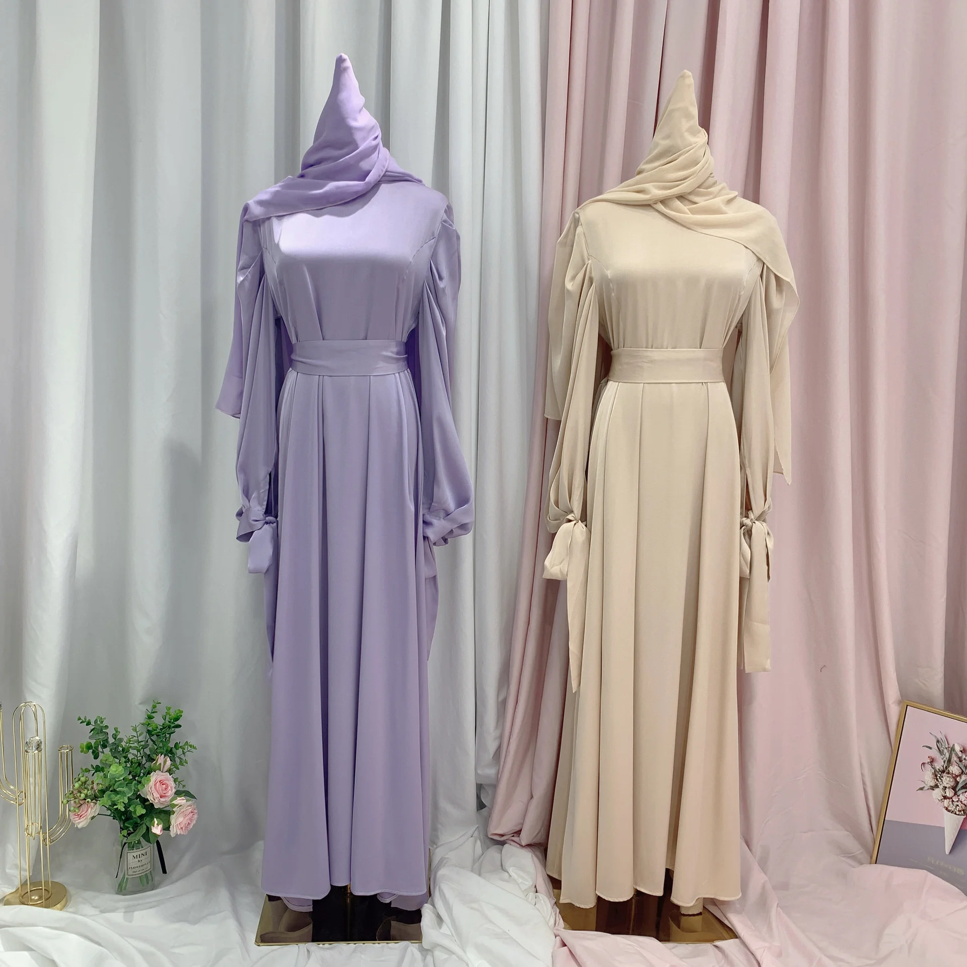 Muslim Fashion Women Long Islamic Satin Dress Hijab Arabic  Abaya Dubai Balloon Sleeve With Ribbon Eid Mubarak Turkish Dresses