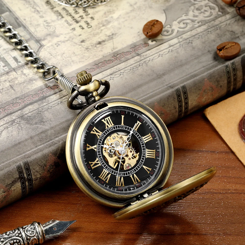 Vintage Retro Mechanical Pocket Watch Double Dragon Play Ball Steampunk Skeleton Hand-wind Flip Clock Fob Watch With Chain Men