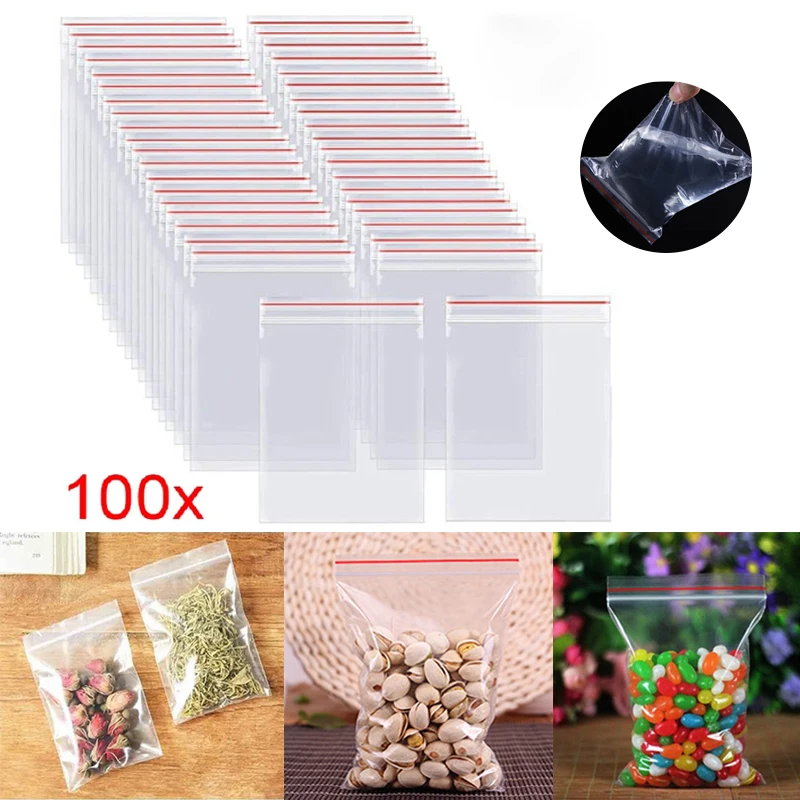 

100Pcs Transparent Stand-up Pouch Plastic Bag Transparent Fruit Snack Self-sealing Food Storage Packaging Reclosable Plastic Bag