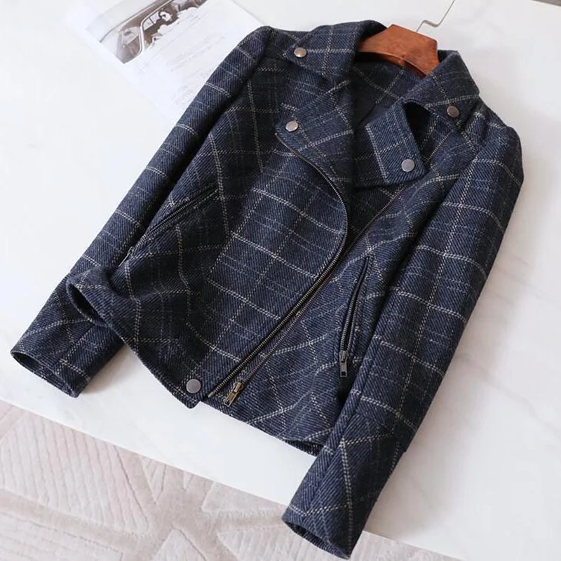 

Chic Short Plaid short Jackets Women Korean Style Slim Big Size Coat Woolen Office Lady Casual Biker Coats Vintage Short Outwear