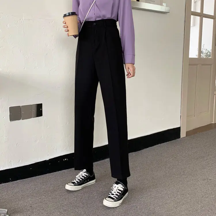 

2022 Women's Spring Summer Fashion High Waist Loose Trousers Female Solid Color Suit Pants Ladies Casual Straight Trousers F53
