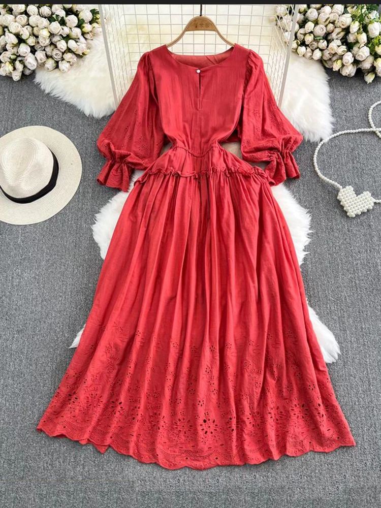 

Women Spring Dress Vintage Style Lantern Sleeves Round Neck Waist Waist Slim A-line Hollow Ocean Resort Solid Color Dress D3993