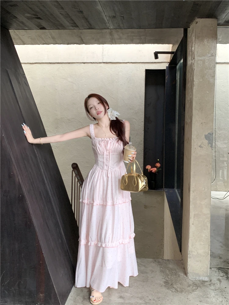 Teemo Girl Gyaru Fog Powder Tulip Pink Sling Dress Women Summer New Polka Dot Fairy Temperament Skirts |