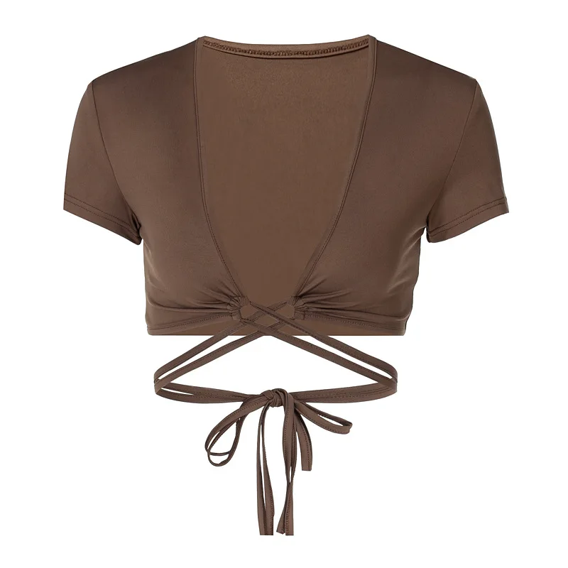 

Женский укороченный топ на завязках с открытой спиной и коротким рукавом