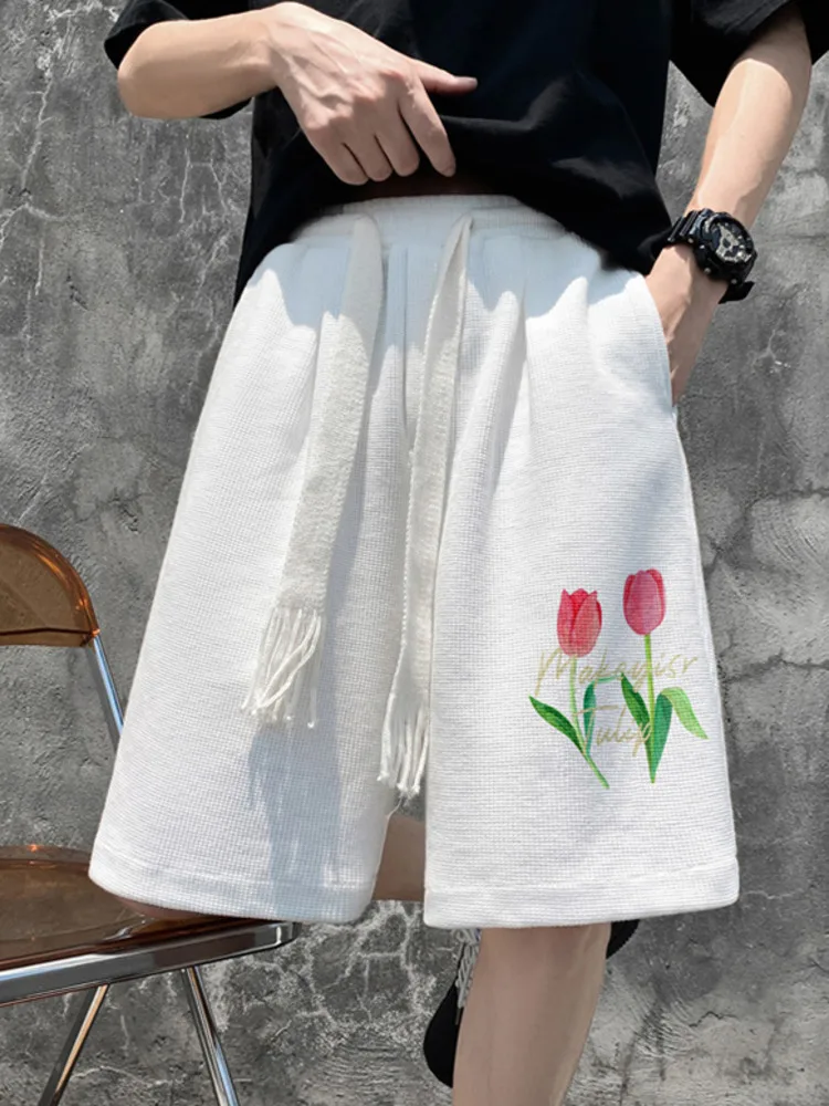 

SYUHGFA Waffle Men's Oversized Shorts Tulip Graphic Beach Short Pants Elastic Waist 2022 Summer Casual Knee Length Sweatpants
