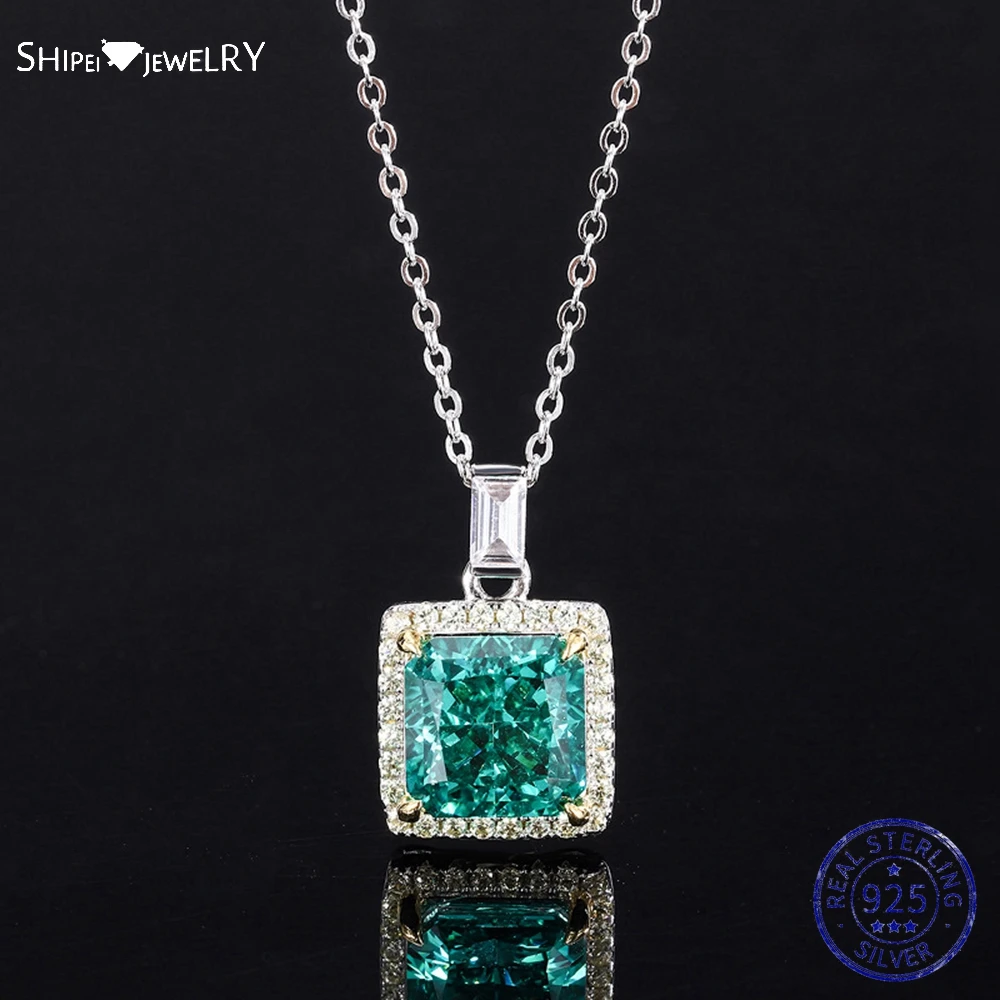 

Shipei 100% 925 Sterling Silver Crushed Ice Cut 10*10 MM Created Moissanite Emerald Gemstone Party Pendant Necklace Fine Jewelry
