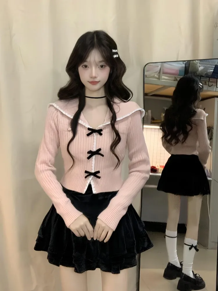 Женский вязаный свитер в стиле преппи с розовым бантом милый облегающий топ