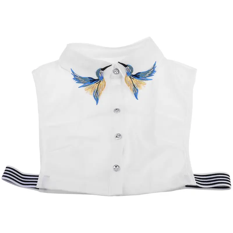 

28TF Women Shirt Fake Collar Tie Fashion Heavy Bird Embroidery Crystal Sewing Detachable Collar False Collar Lapel Blouse Top