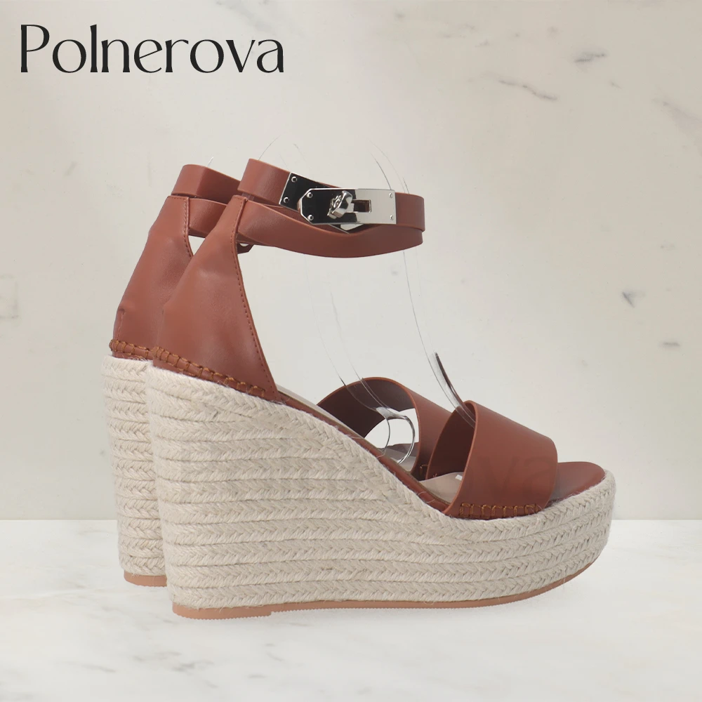 Designer Concise Style Espadrilles Solid Color Leather Wedge Sandals Metallic Buckle Platform Summer Shoes Custom Color Sandals