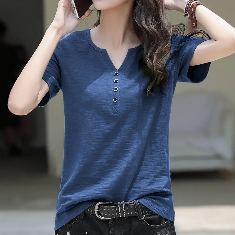 Clothes V-Neck T Shirt Korean Cotton Women's T-shirt Summer Fashion Aesthetic Loose Plain Short Sleeve Casual Pulovers Tops Pink