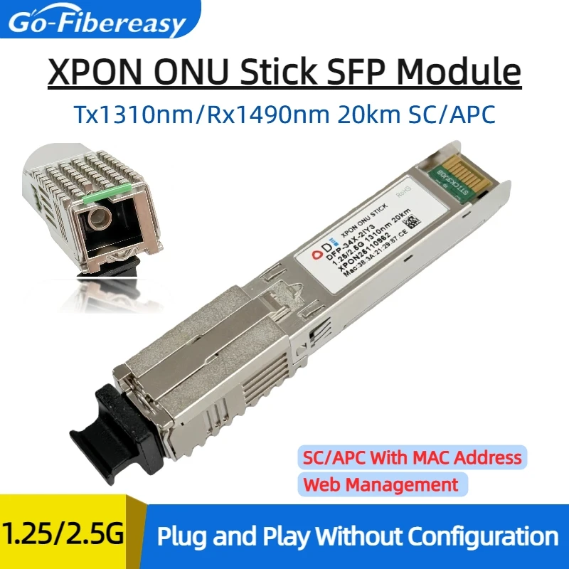 Фото Модуль XPON ONU 1.25G/2.5G SFP с MAC, SC-разъемом, 1310нм/1490нм, DDM, PON, 20 км, модем OLT ONU, MAC XPON=EPON/GPON №1