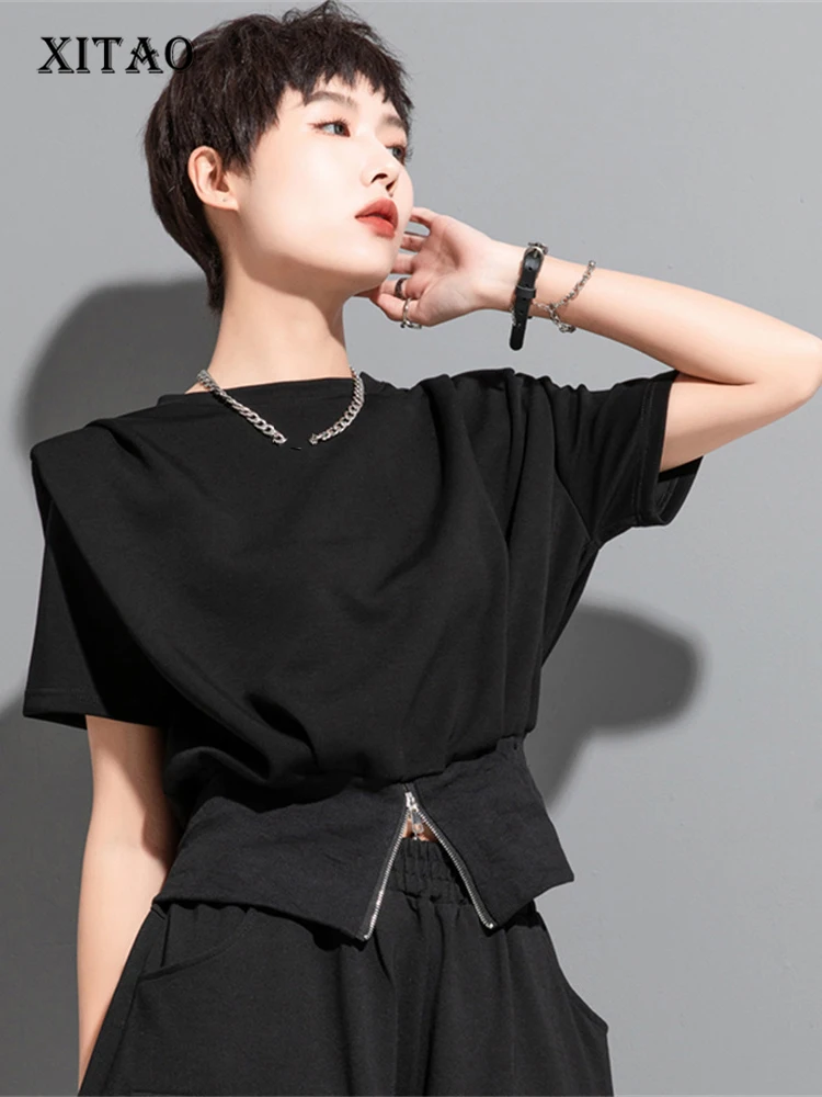 

XITAO Pullover Tee Black Small Fresh Split Goddess Fan Casual Style Loose 2023 Summer Pleated Patchwork Loose T Shirt WLD11482