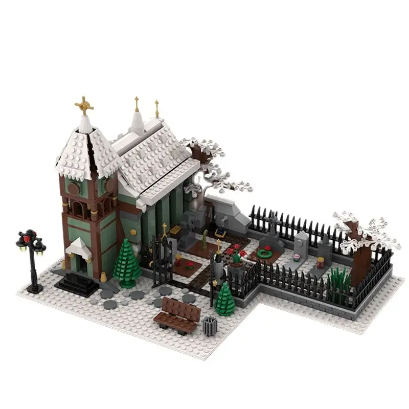 MOC-31149 Winter Country Church With Cemetery - Scene Building Blocks Set Haunted House of Terror Nightmare Toy For Children Kid