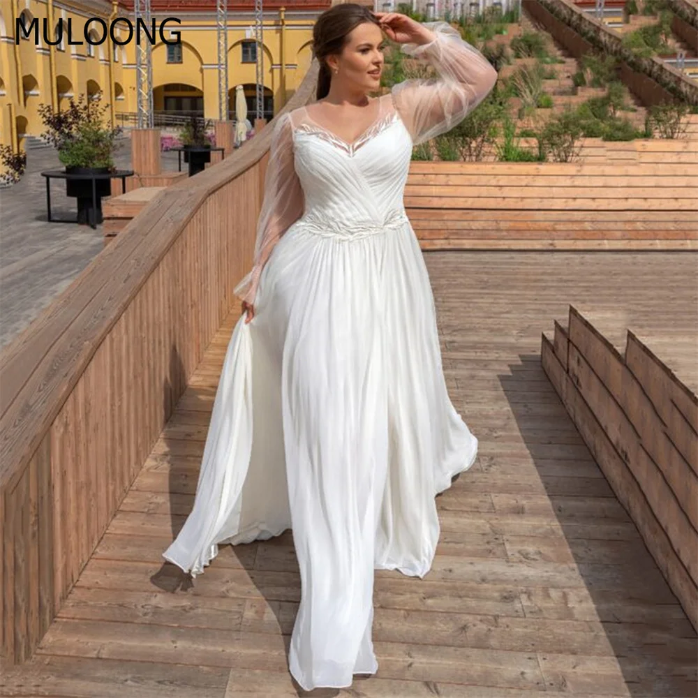 

MULOONG Elegant Sweetheart Full Sleeve Pleat Lace Appliques A Line Wedding Dress High Slit Floor Length Sweep Train Ruched Gowns