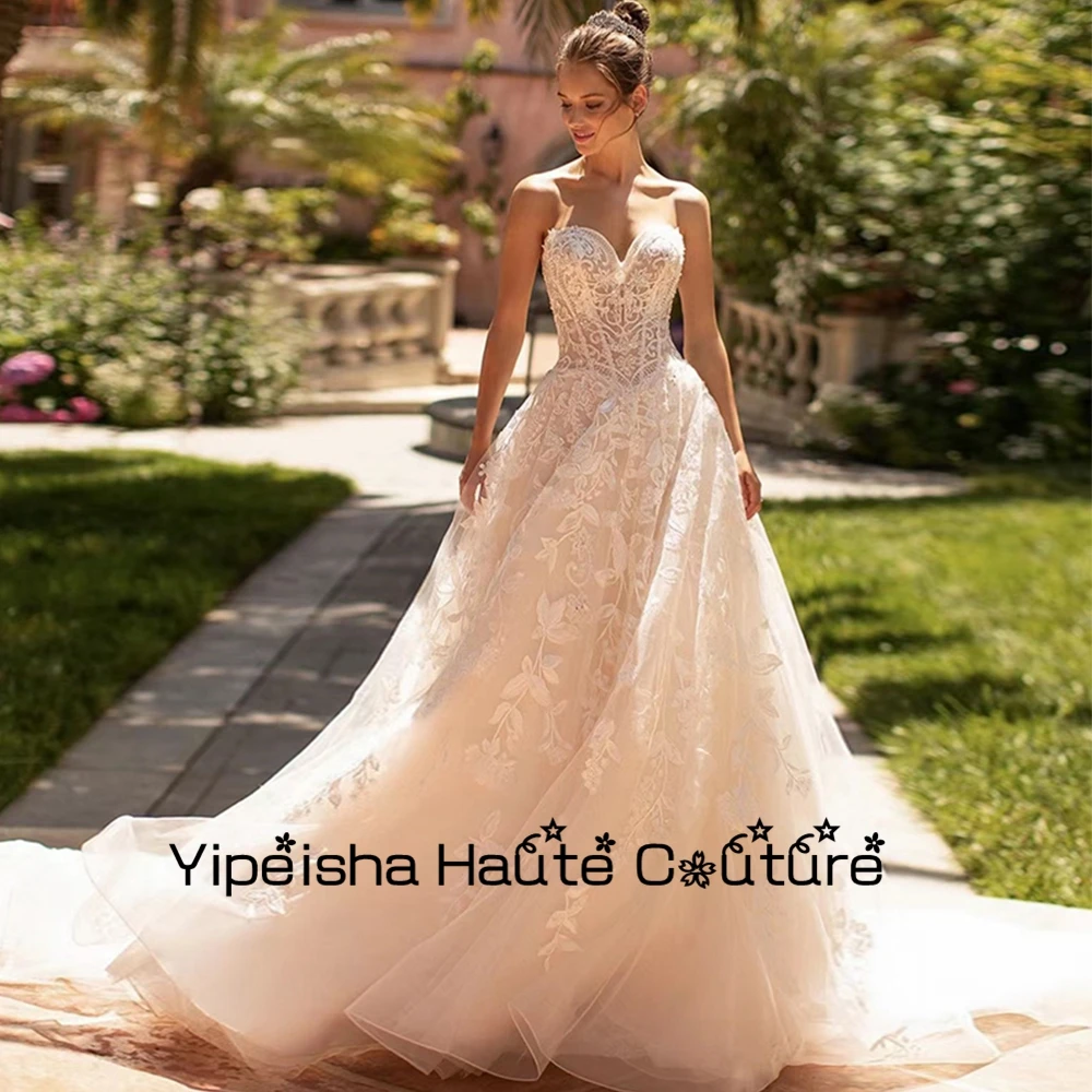 

Yipeisha A Line Exquisite Champagne Corset Bridal Gowns Strapless New Organza Applique Wedding Dresses Strapless Vestido De 2022