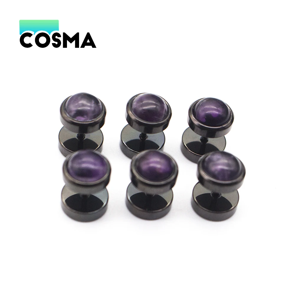 

COSMA 1pair Electroplated Black Earrings Trend Fashion Amethyst Round Cake Ear Bone Studs Body Piercing Jewelry