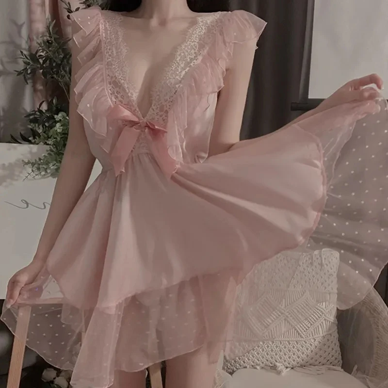Night Dress Women Sexy Lingerie Pajamas Summer Thin Lace Suspenders Nightdress V-Neck Fashion Dress Pure Desire Wind Home Wear