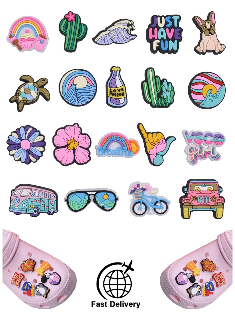 

Good Quality 1Pcs Shoe Charms Summer Style Bus Rainbow Cactus Accessorie PVC Shoe Decoration DIY for Croc Charm Fit Wristbands