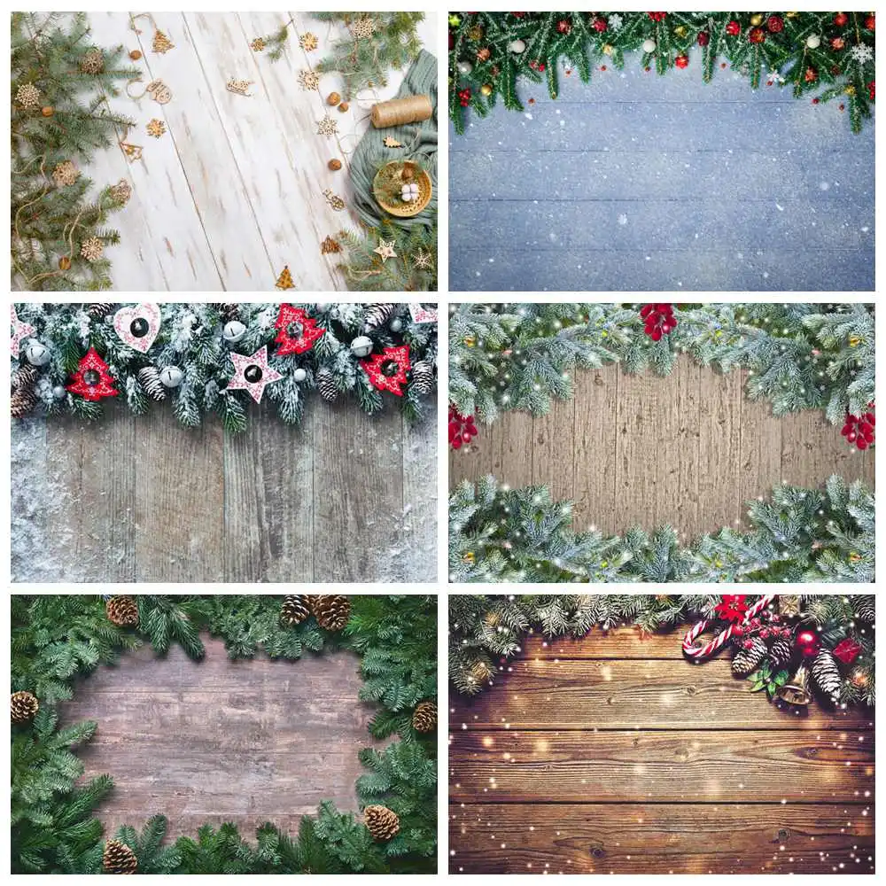 

Snow Pine Wooden Board Planks Christmas Photography Backdrops Banner Custom Holiday Party Decoration Photo Booth Backgrounds