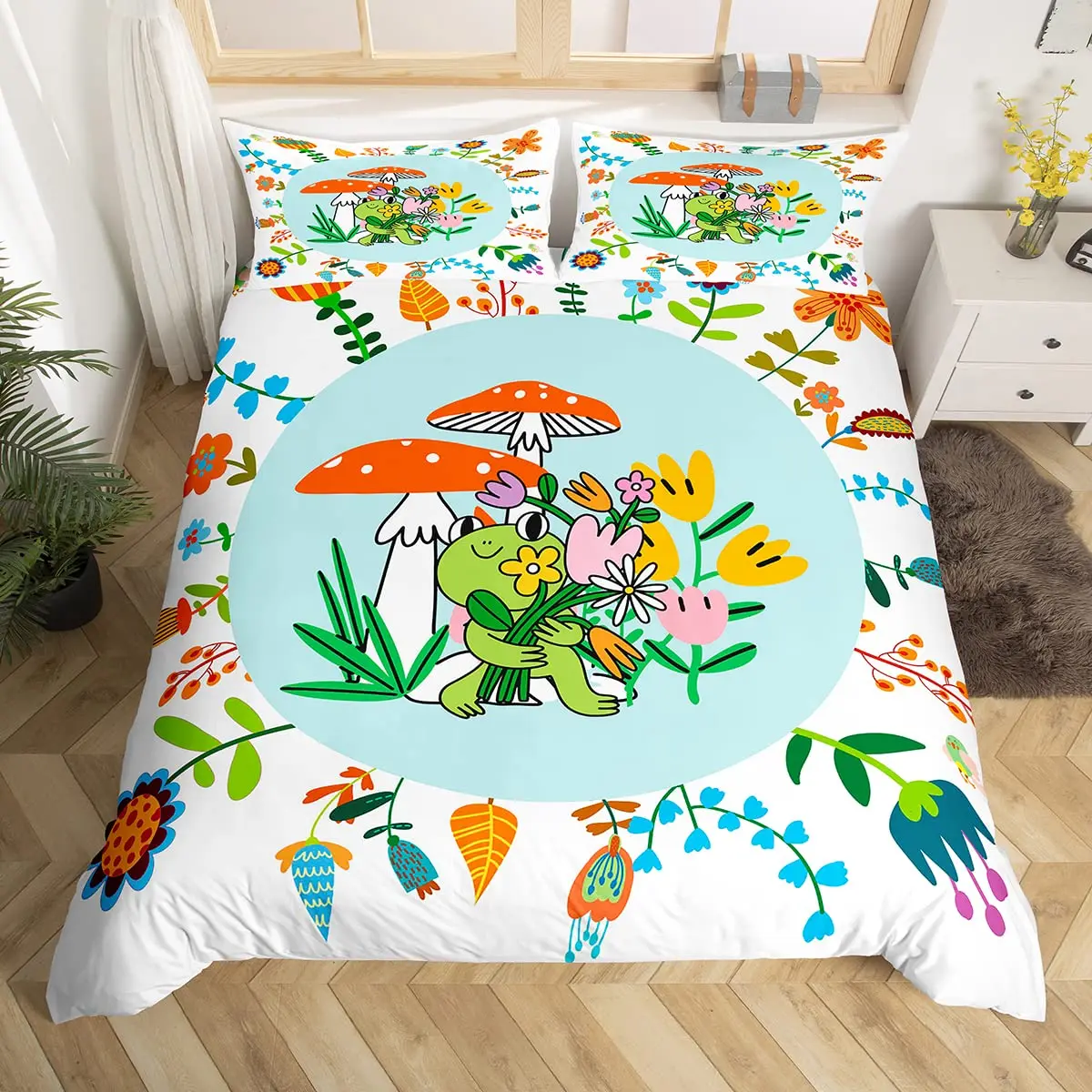 

Frog and Flowers Queen Bedding Set Green Cute Animal Mushroom Print Duvet Cover Watercolor Hippie Floral Polyester Quilt Cover