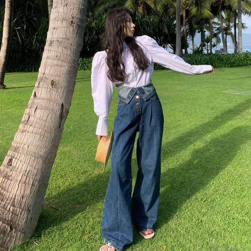 Женские джинсы с карманами синие прямые брюки высокой талией