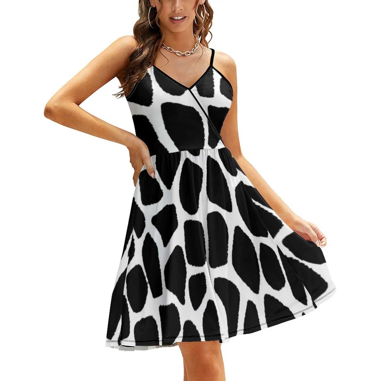 

Black And White Giraffe Dress Woman Animal Print Street Wear Print Dresses Spring Straps Vintage Casual Dress Birthday Gift