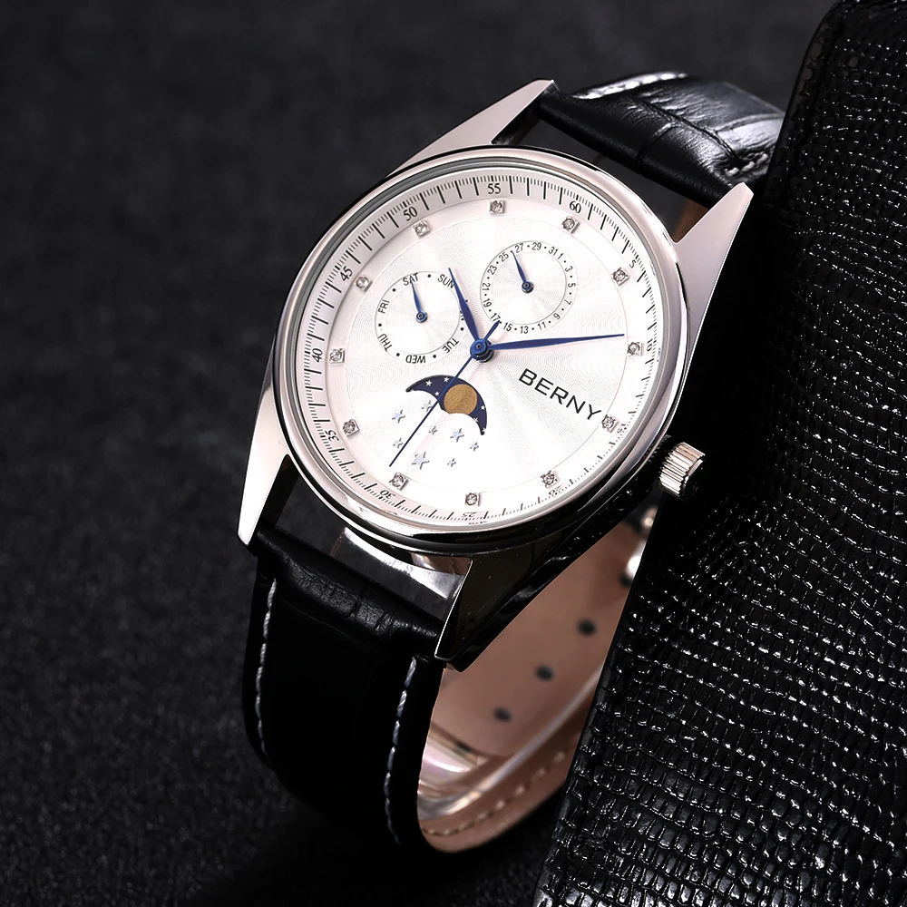 BERNY Moon Phase Couple Watch Gold MIYOTA Japan Quartz Wristwatch Day Date Genuine Leather Fashion Men Watch Calendar Waterproof