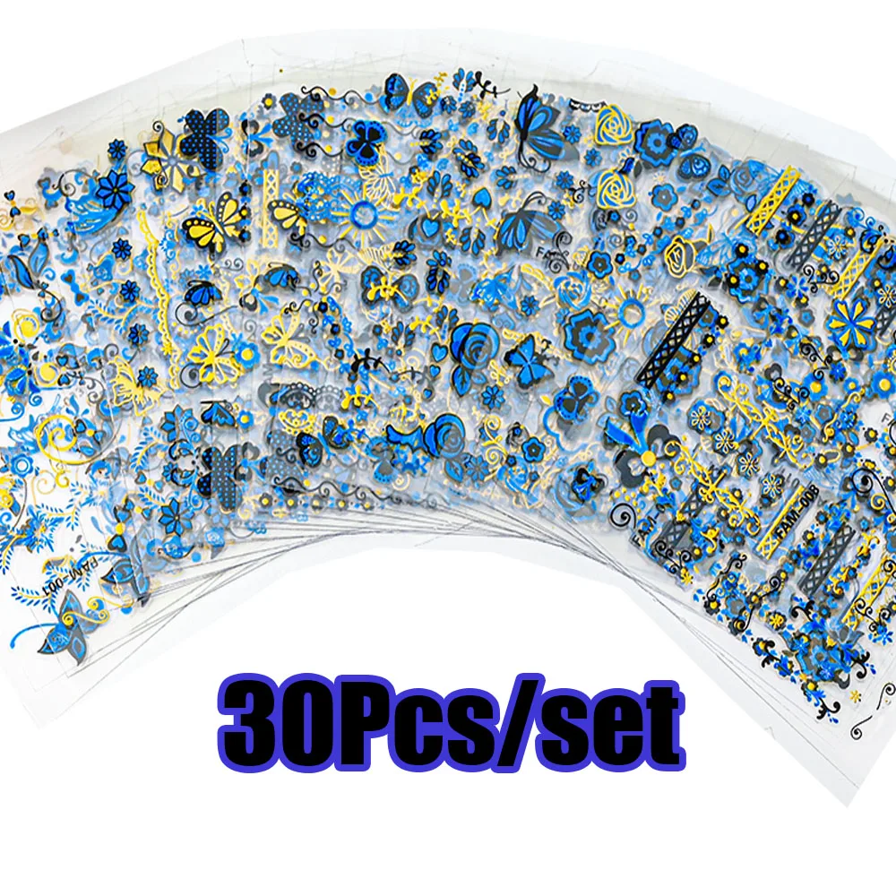 

5*6cm*30pcs Blue Butterfly Flowers 3D Nail Stickers 1SET Black Gold/Red Black Hollow Decals Self-Adhesive Manicure Slider NK-65*