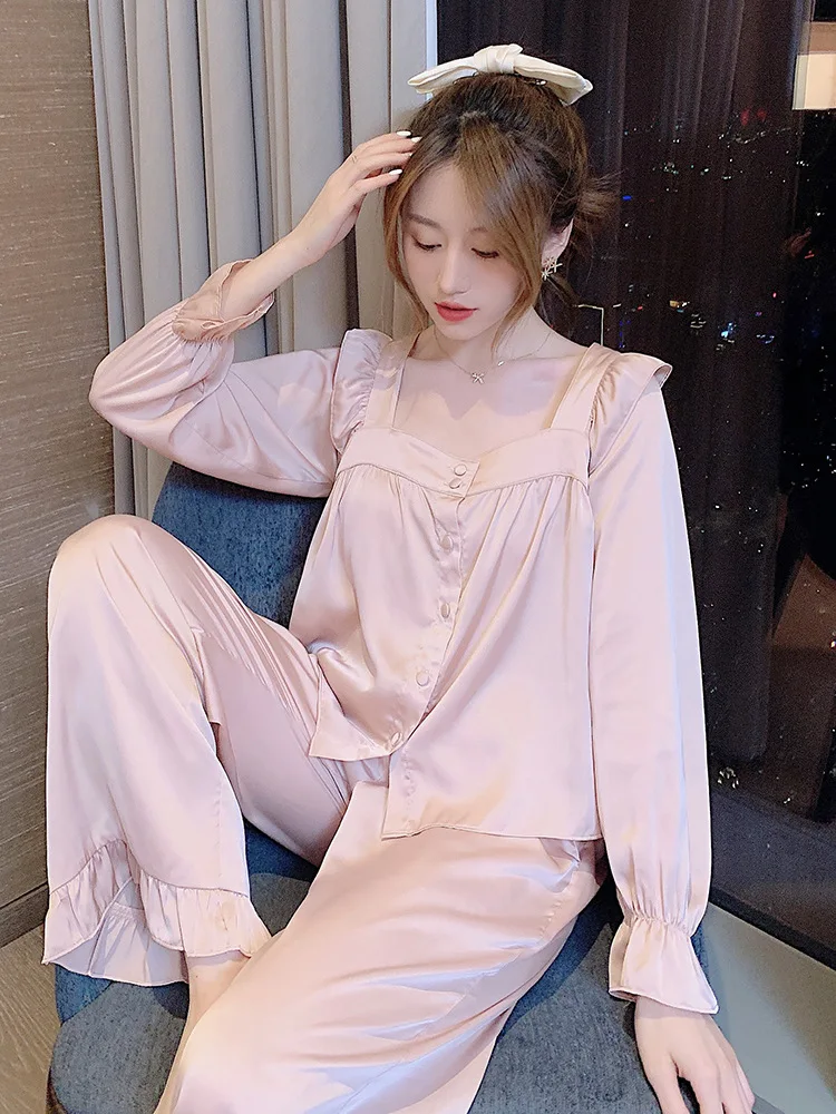 Ladies Pajamas Long-sleeved Two-piece Suit Ice Silk Thin Section  Sleep Tops Two Piece Set Summer Sexy Nightwear