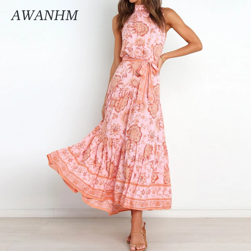 

Summer Women's Neck-mounted Floral Print Vest Dress Loose Waist Skirt Women Sleeveless Dress Long Skirt