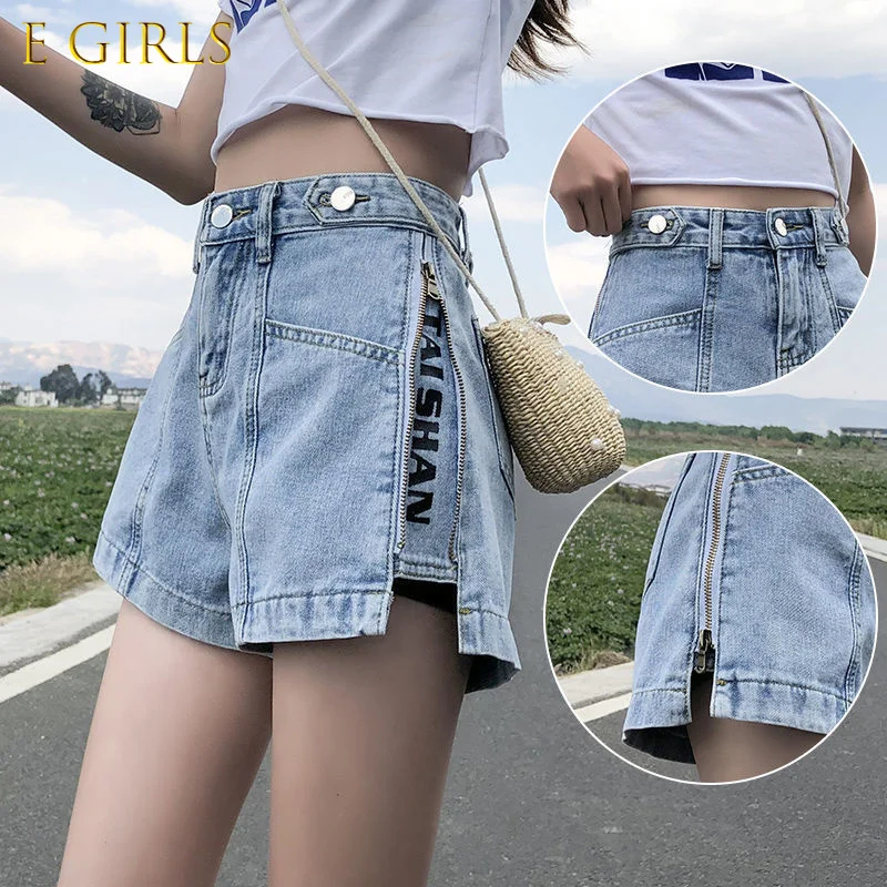 Wenfly Women Loose Denim Jeans High Waisted Summer Zipper Split Letter Casual Female Korean Wide Leg New Short Pants