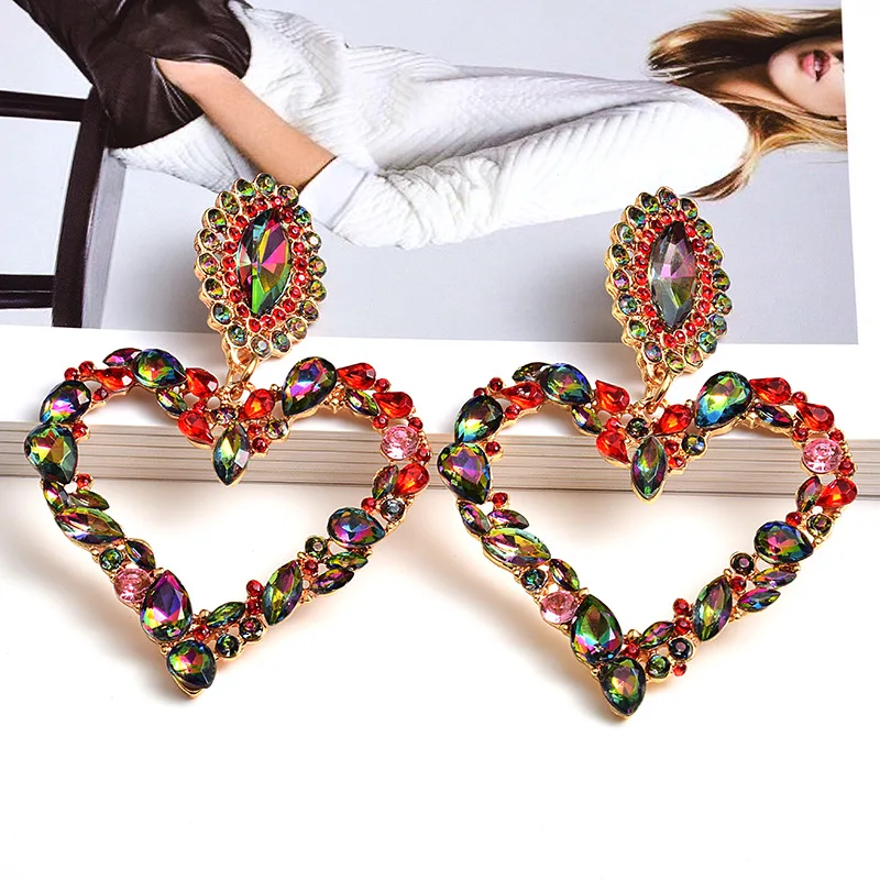 

Fashion Big Heart Crystal Hoop Earrings for Women Exaggerate Shiny Full Rhinestone Crystal Drop Earrings Bride Wedding Jewelry