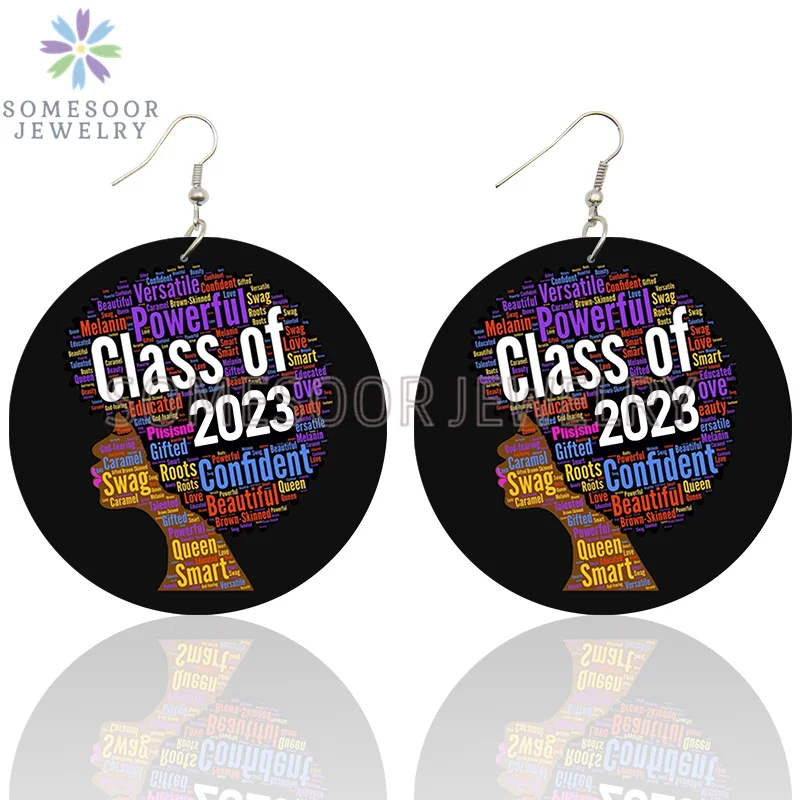 

SOMESOOR Happy New Year 2023 Class Seniors Wooden Drop Earrings Powerful Sayings Printed Loops Dangle Jewelry For Women Gifts