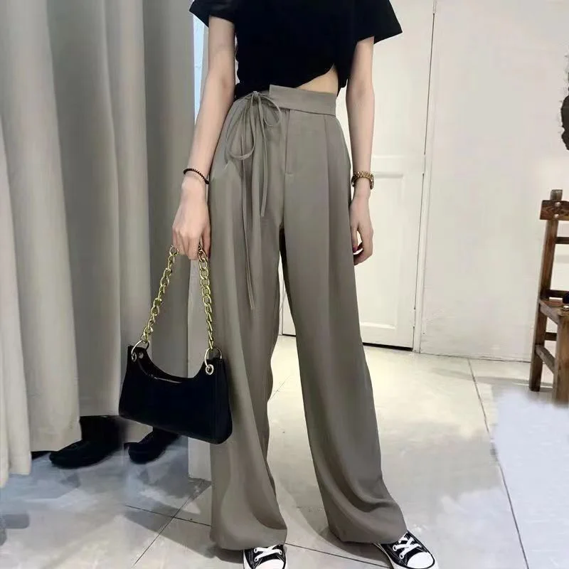 

Женские офисные Костюмные брюки, весна-лето 2022, брюки на шнуровке с высокой талией и широкими штанинами, женские повседневные свободные прямые брюки