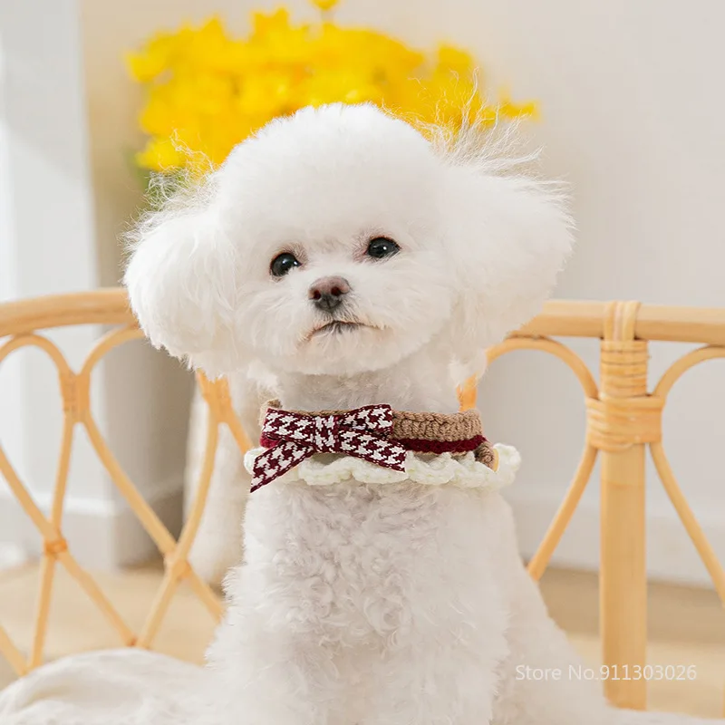 

Knitting Bow Cat Collar Decorative Scarf Cute Small Dog Kitten Collar Bib Soft Comfortable Pet Supplies Cat Accessories Handmade