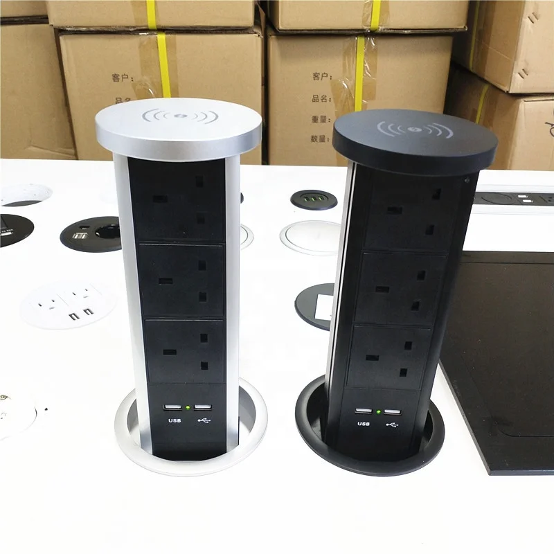 

Black White Hydraulic Automatic Pop up Kitchen Cabinet UK Power Outlet USB Electric Tower Desk Socket with Top Wireless Charger