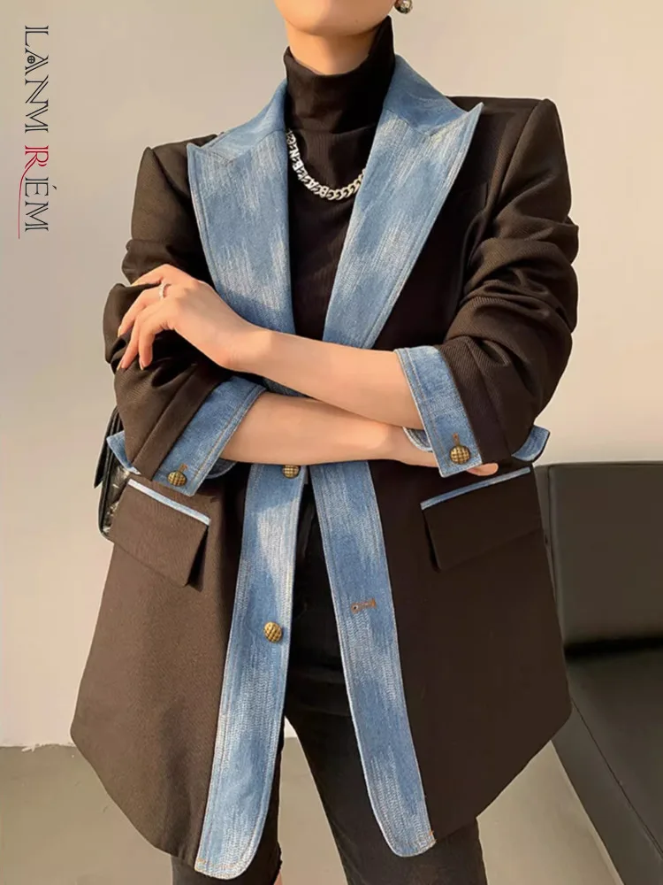 

LANMREM Denim Stitched Blazer Single Breasted Full Sleeve Ladies Color Block Coat Vintage Fashion Clothes 2023 Autumn 2DA1701