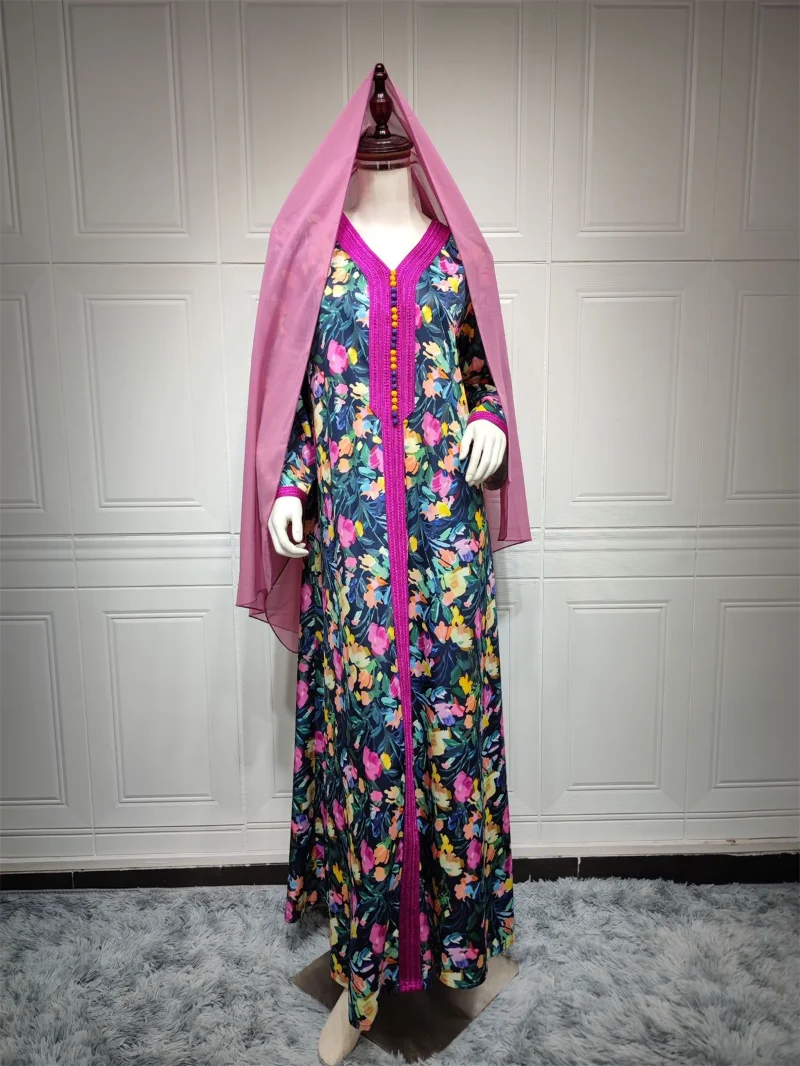 Muslim Abaya Dress Dubai Vintage Floral Printed Long Dresses V-Neck Lace Tape Moroccan Kaftan Woman Ramadan Jalabiya 2023