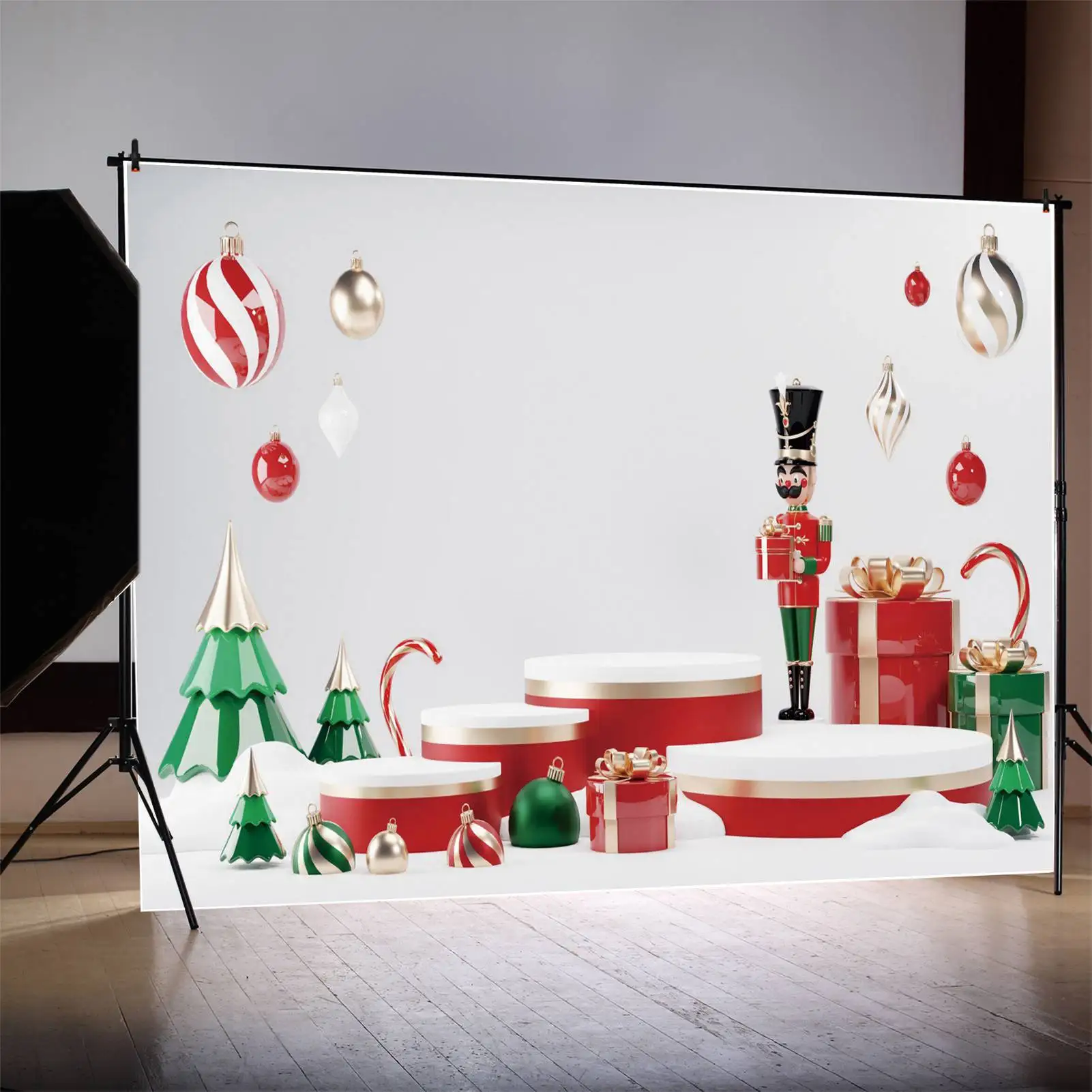 

MOON.QG Backdrop Christmas Party Clown Gift Stage Wall Photography Background Children Green Tree Crutch Ball Photo Booth Props