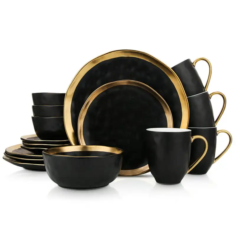 

Stone Lain Florian Modern Porcelain Dish Set, 16-Piece Dishes for 4, Gold and Black Tableware Set Restaurant Home Gift