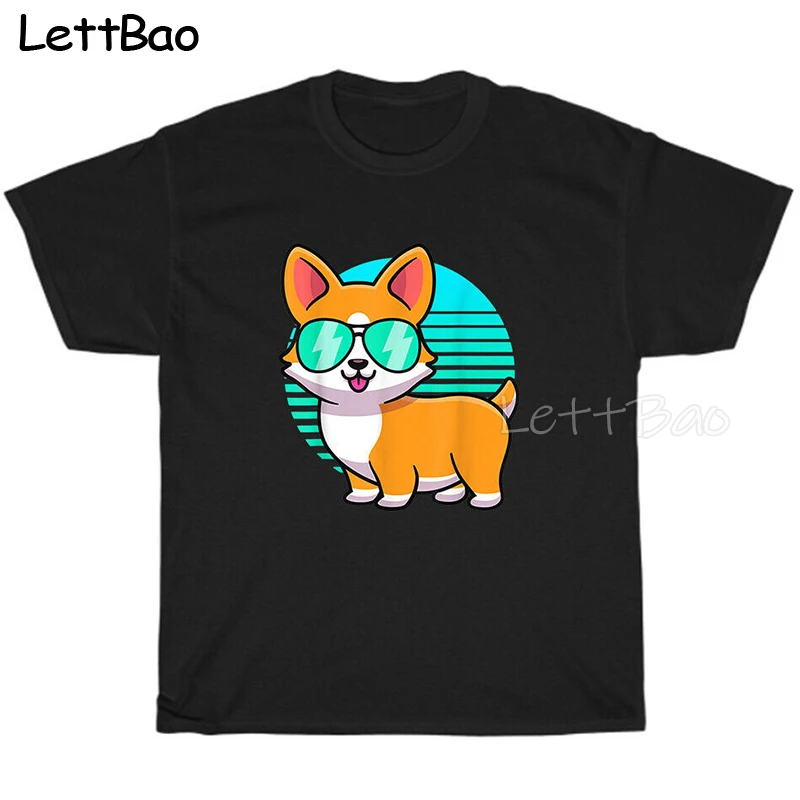 

Винтажная забавная футболка в стиле ретро с собакой корги, Мужская хлопковая футболка для девочек, летняя Корейская одежда с короткими рука...