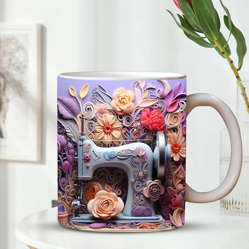 

3D Ceramic Sewing Mug Ceramic Coffee Mug with Floral Pattern Novelty Coffee Mug Aesthetic for Birthday Christmas Gifts